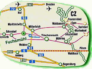 Ihr Urlaubsziel Fuchsmühl ist nur 4km von der Anschlussstelle Wiesau der A93 Hof-Regensburg entfernt.